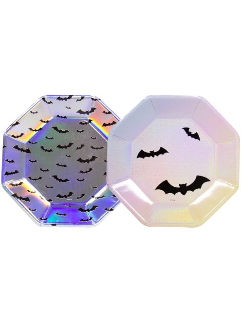 Holografikus fényes denevér mintás tányér Halloween-re 23 cm, 6 db